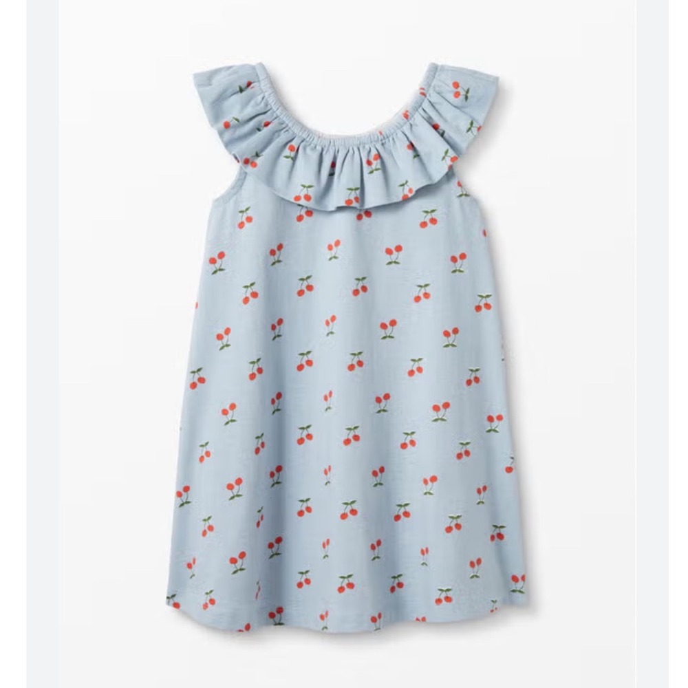 Hanna Andersson Dress Girls 5 Light Blue Cherry Print Ruffle Neck Cotton Pockets